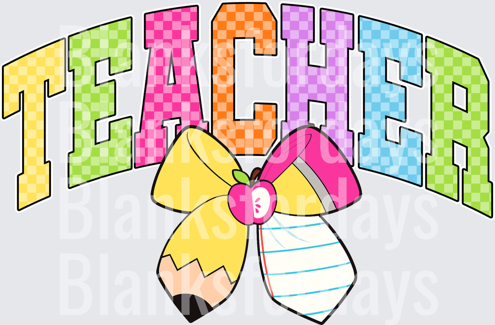 Colorful Checkered TEACHER Arched Text with Pencil Bow (DTF)