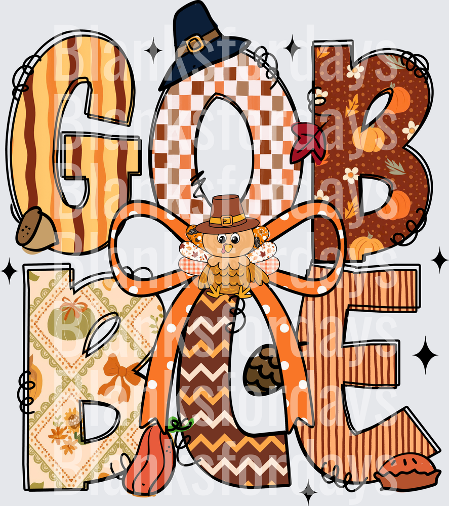 Gobble Gobble Thanksgiving Turkey Bow Patterned Letters (DTF)