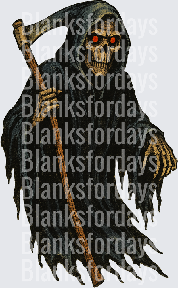 Grim Reaper Skeleton Red Eyes Black Robe Scythe Design (DTF)
