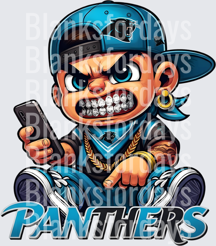 Carolina Panthers Gangster Cartoon Fan Mascot with Gold Chain (DTF)