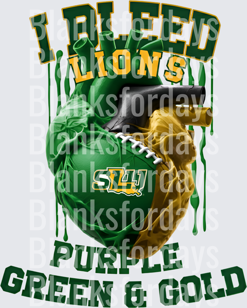 I Bleed Lions Green & Gold SLU Anatomical Heart Football (DTF)
