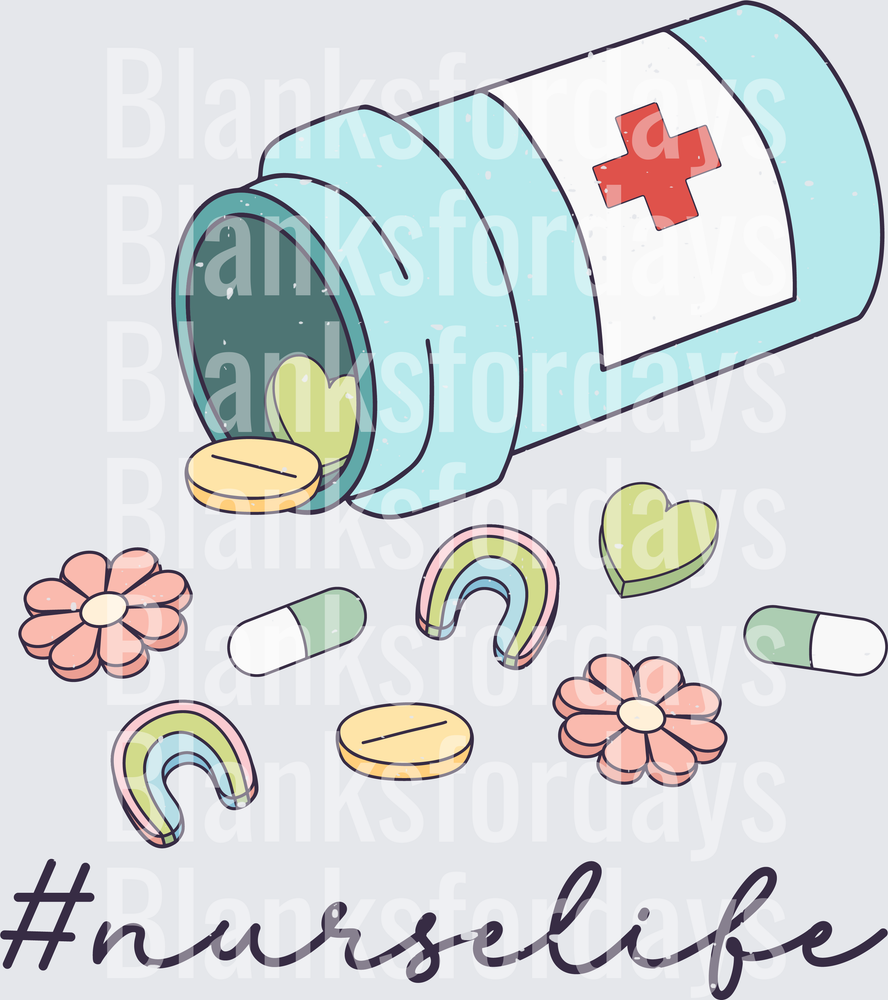 #Nurselife Pill Bottle Spilling Capsules Flowers Rainbows (DTF)