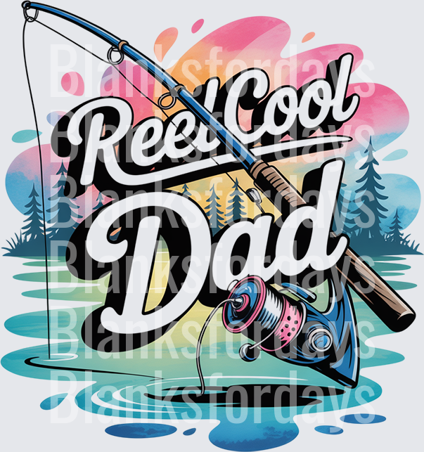 Reel Cool Dad Fishing Rod Watercolor Lake Scene (DTF)