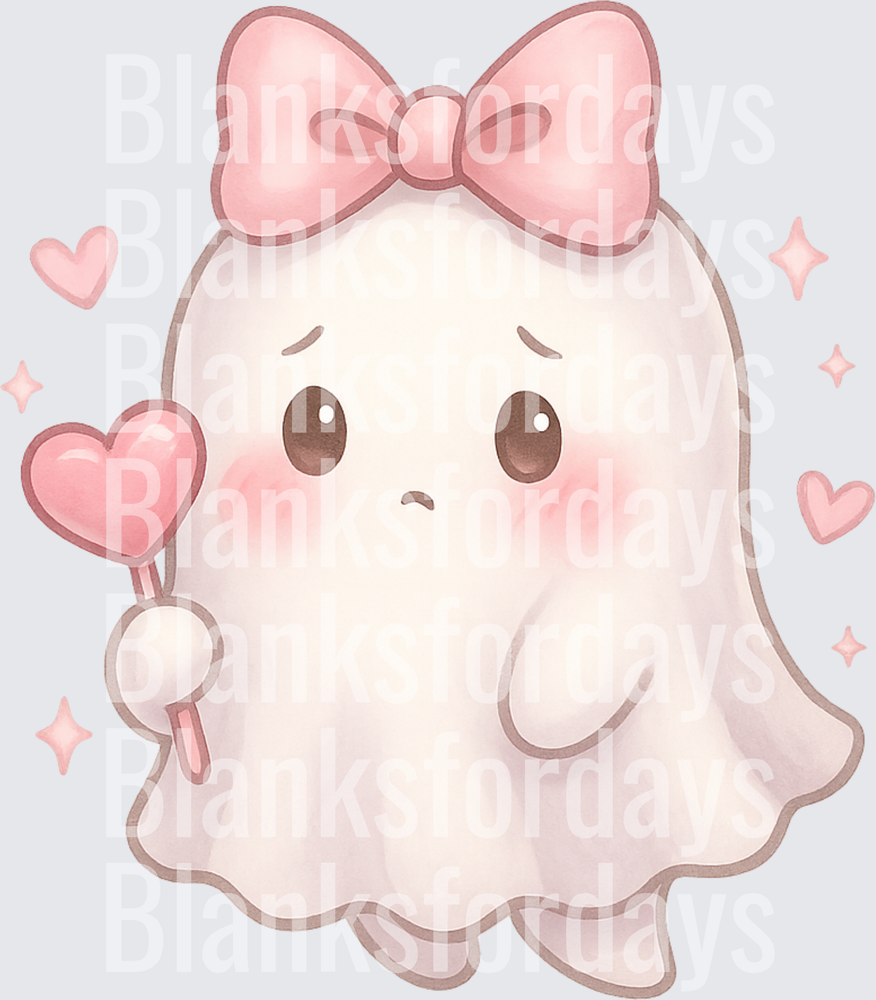 Cute Sad Ghost Girl Pink Bow Heart Lollipop Kawaii (DTF)