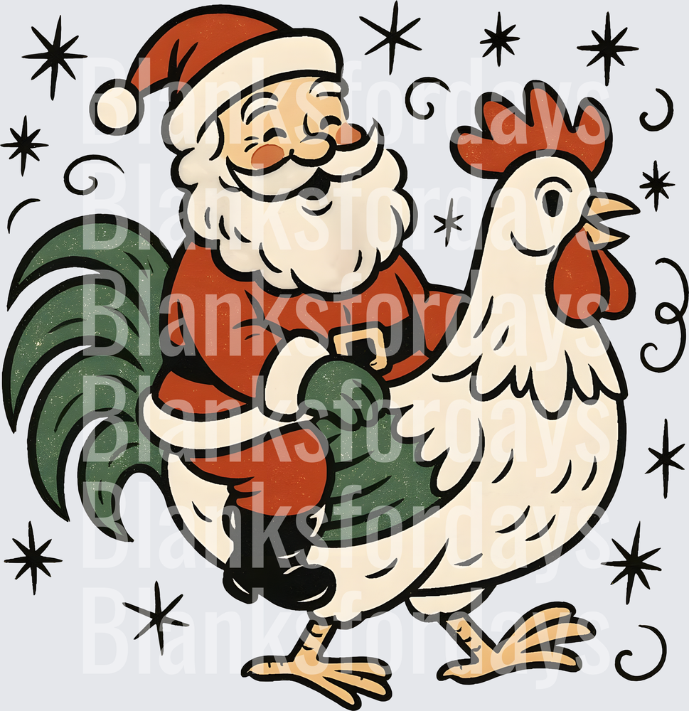 Santa Claus Riding a Rooster Christmas Stars Retro Design (DTF)