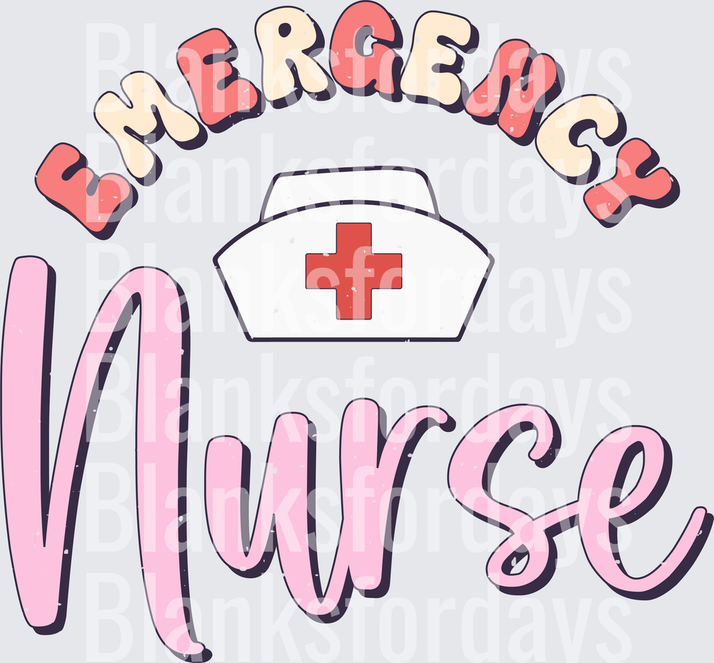 Emergency Nurse Retro Pink Script with Nurse Cap (DTF)