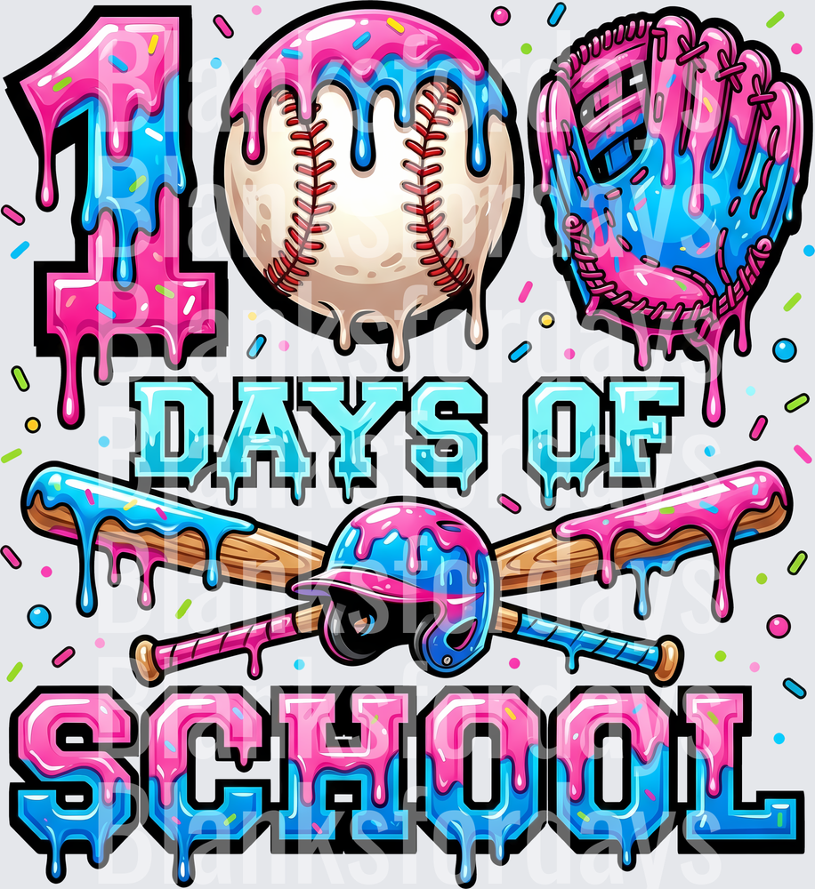 100 Days of School Baseball Drip Pink Blue Sprinkles (DTF)