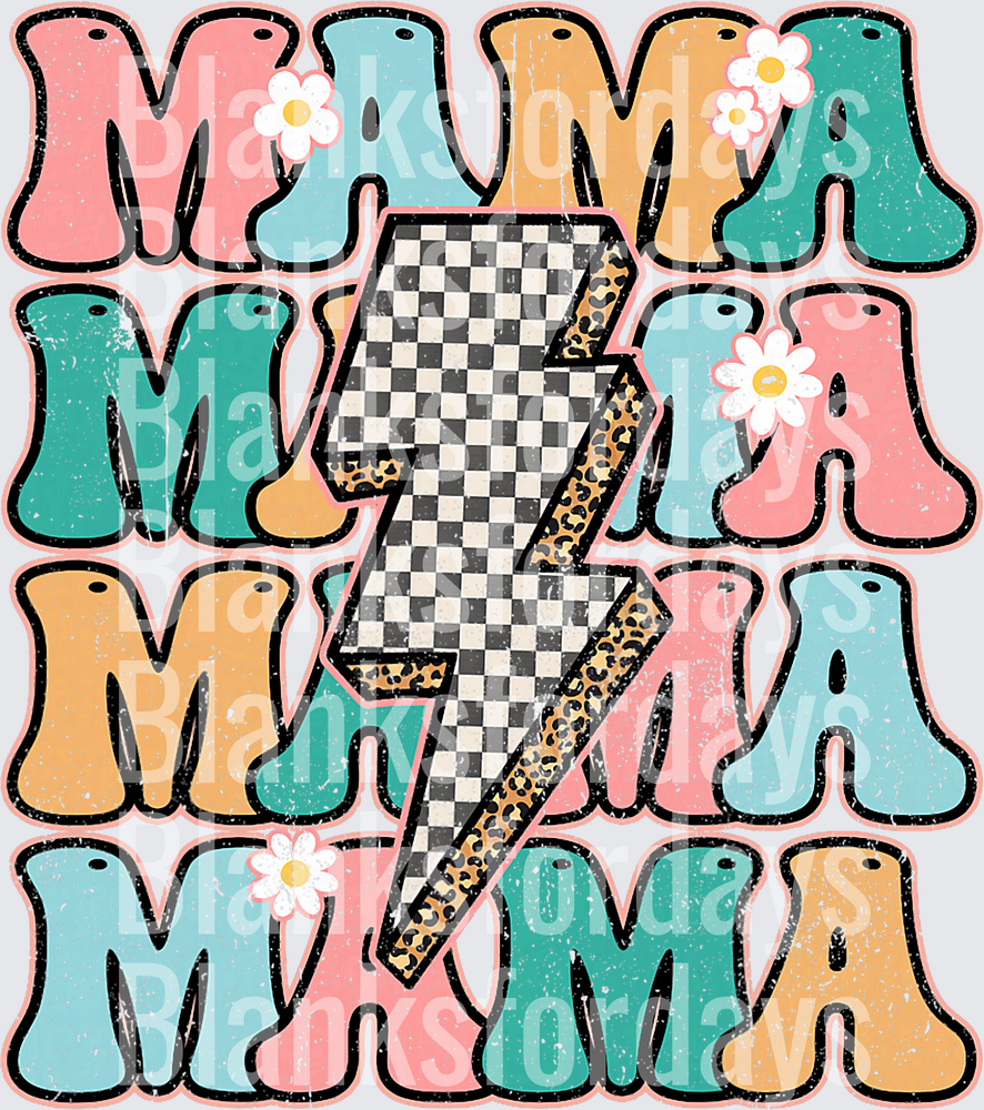 Retro Mama Checkered Lightning Bolt Leopard Daisy Stack (DTF)