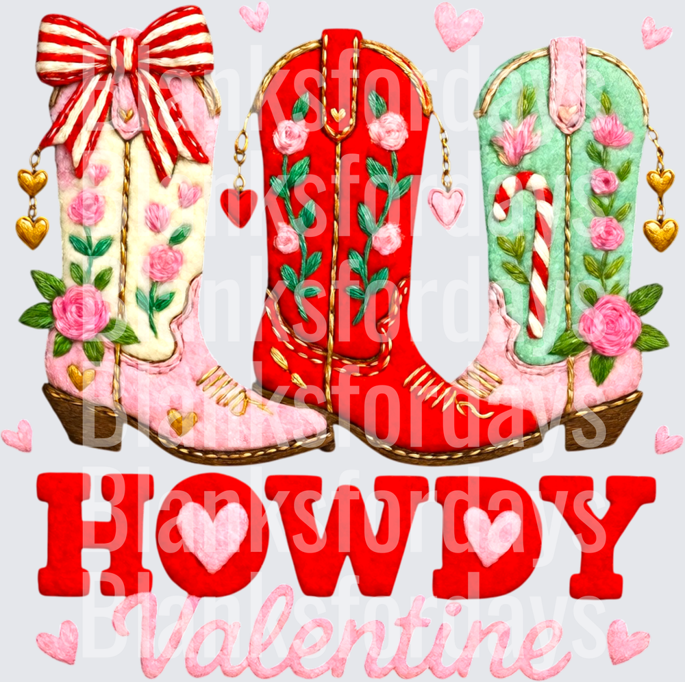 Howdy Valentine Western Cowboy Boots Floral Hearts Design (DTF)