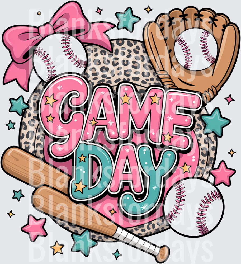 Game Day Baseball Leopard Print Pink Bow Stars Design (DTF)