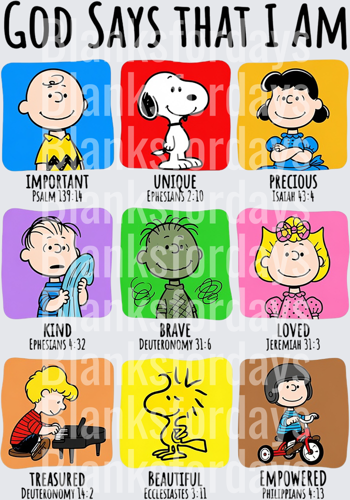 God Says That I Am Peanuts Characters Bible Verse Grid (DTF)