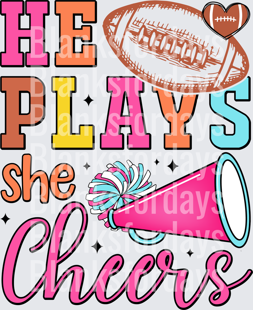 He Plays She Cheers Football Cheer Pom Pom Megaphone (DTF)