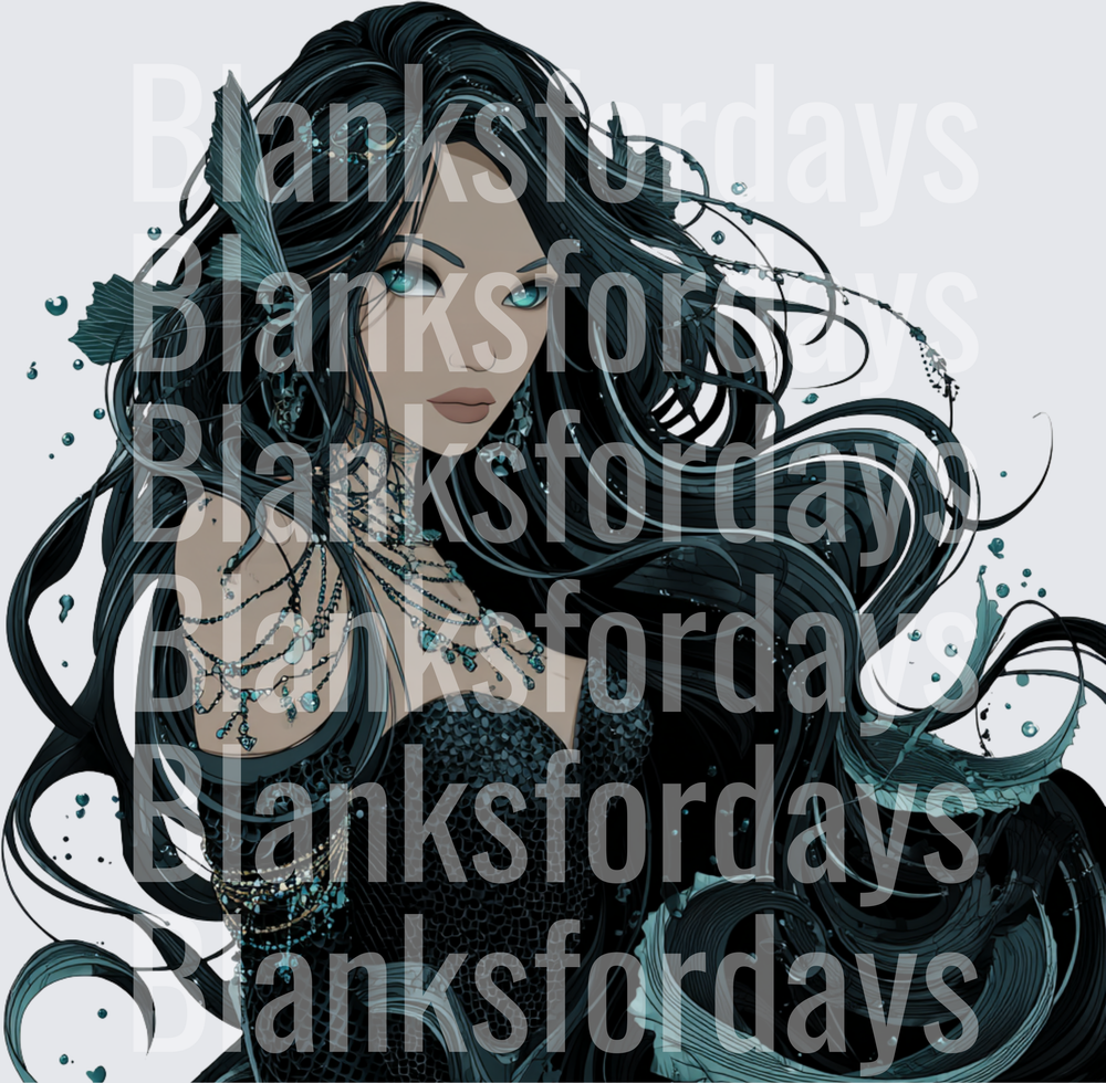 Dark Mermaid Beauty with Teal Eyes and Flowing Black Hair (DTF)