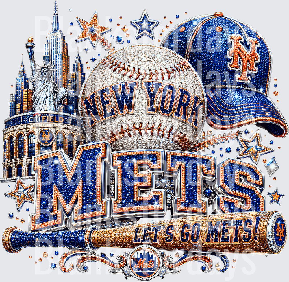 New York Mets Bling Rhinestone Let's Go Mets Baseball Design (DTF)