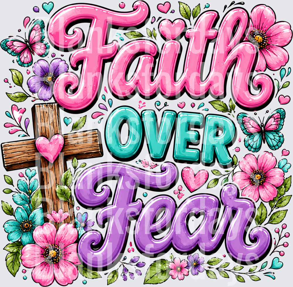 Faith Over Fear Floral Cross Butterflies Christian Design (DTF)