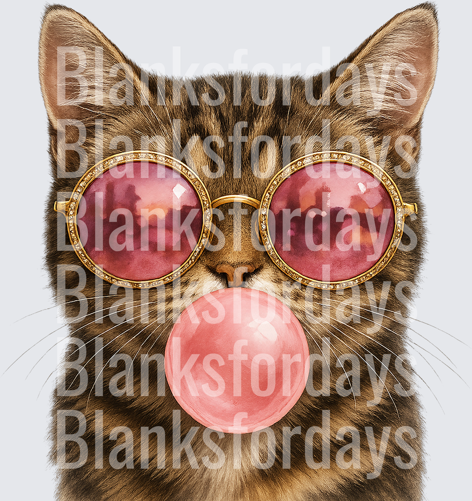 Tabby Cat Blowing Pink Bubble Gum Gold Jeweled Sunglasses (DTF)