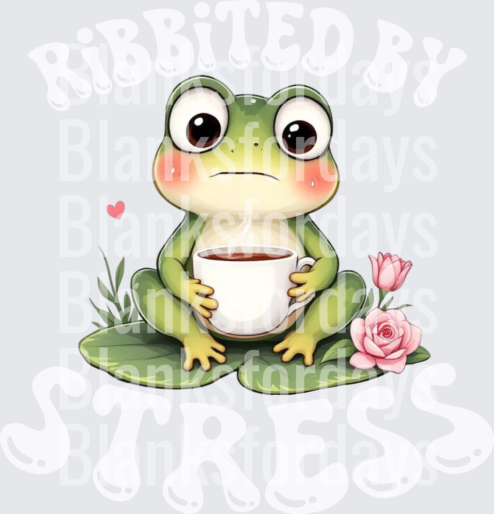 Ribbited By Stress Sad Frog Holding Coffee Cup With Roses (DTF)