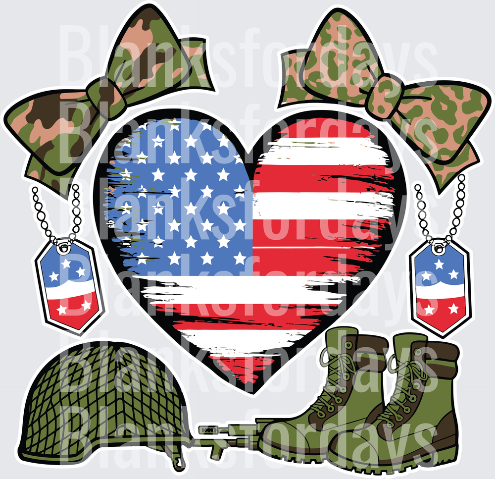 Patriotic Military Heart Flag Camo Bows Dog Tags Boots Helmet (DTF)