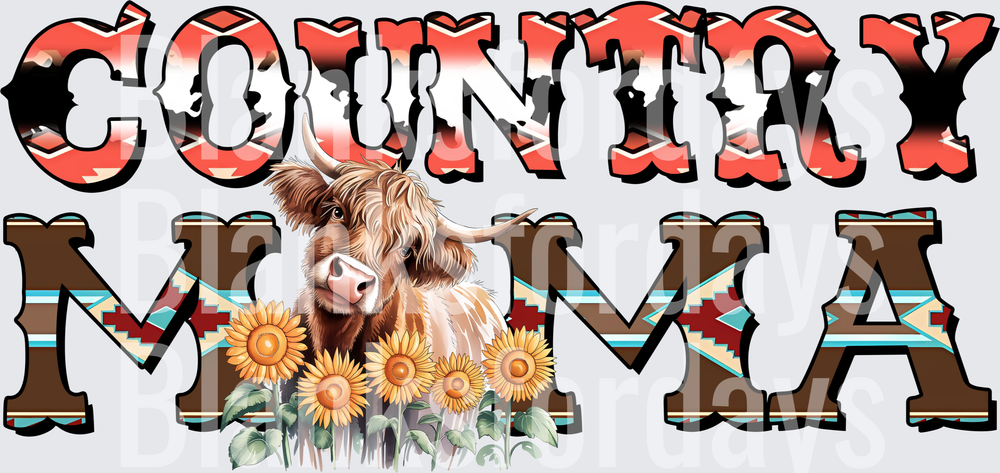Country Mama Highland Cow Sunflowers Aztec Western Bold (DTF)