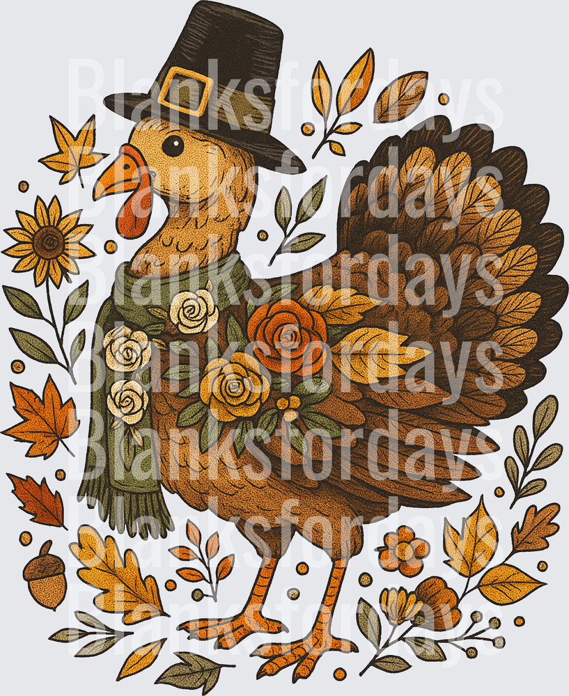 Thanksgiving Pilgrim Turkey Floral Autumn Leaves Folk Art (DTF)