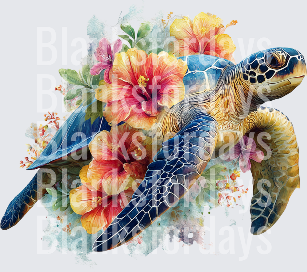 Watercolor Sea Turtle with Tropical Hibiscus Flowers (DTF)