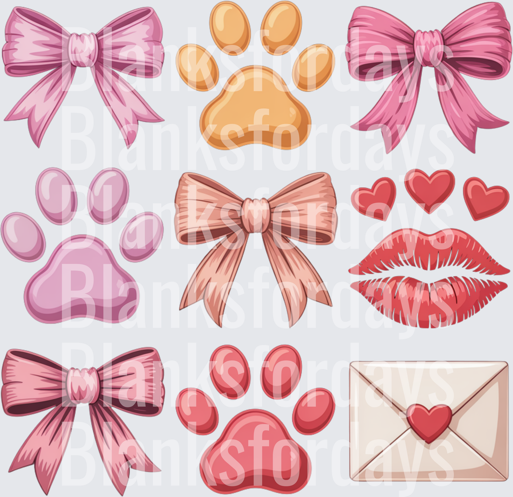 Pink Bows Paw Prints Hearts Lips Love Letter Valentine Bundle (DTF)