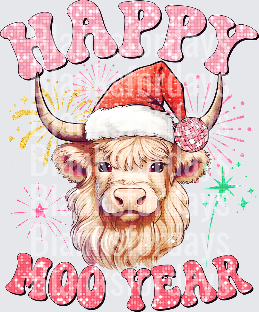 Happy Moo Year Highland Cow Santa Hat New Year Fireworks (DTF)
