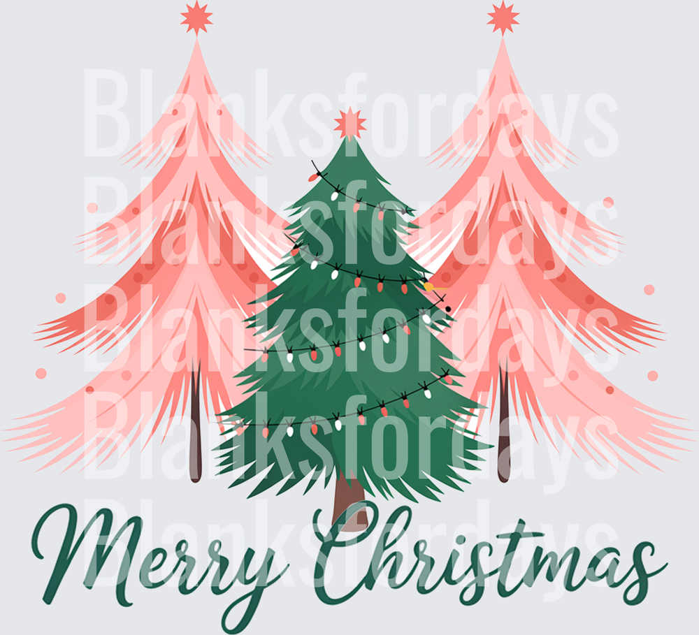Merry Christmas Pink and Green Holiday Trees with Lights (DTF)