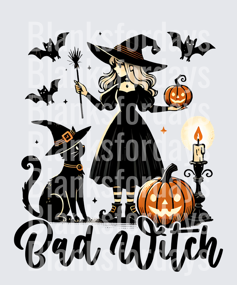 Bad Witch Halloween Witch Girl Black Cat Pumpkin Bats Design (DTF)