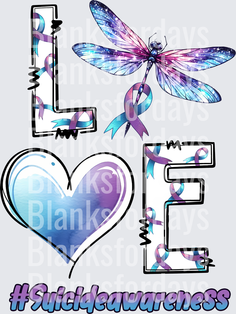LOVE Suicide Awareness Dragonfly Teal Purple Ribbon Heart (DTF)