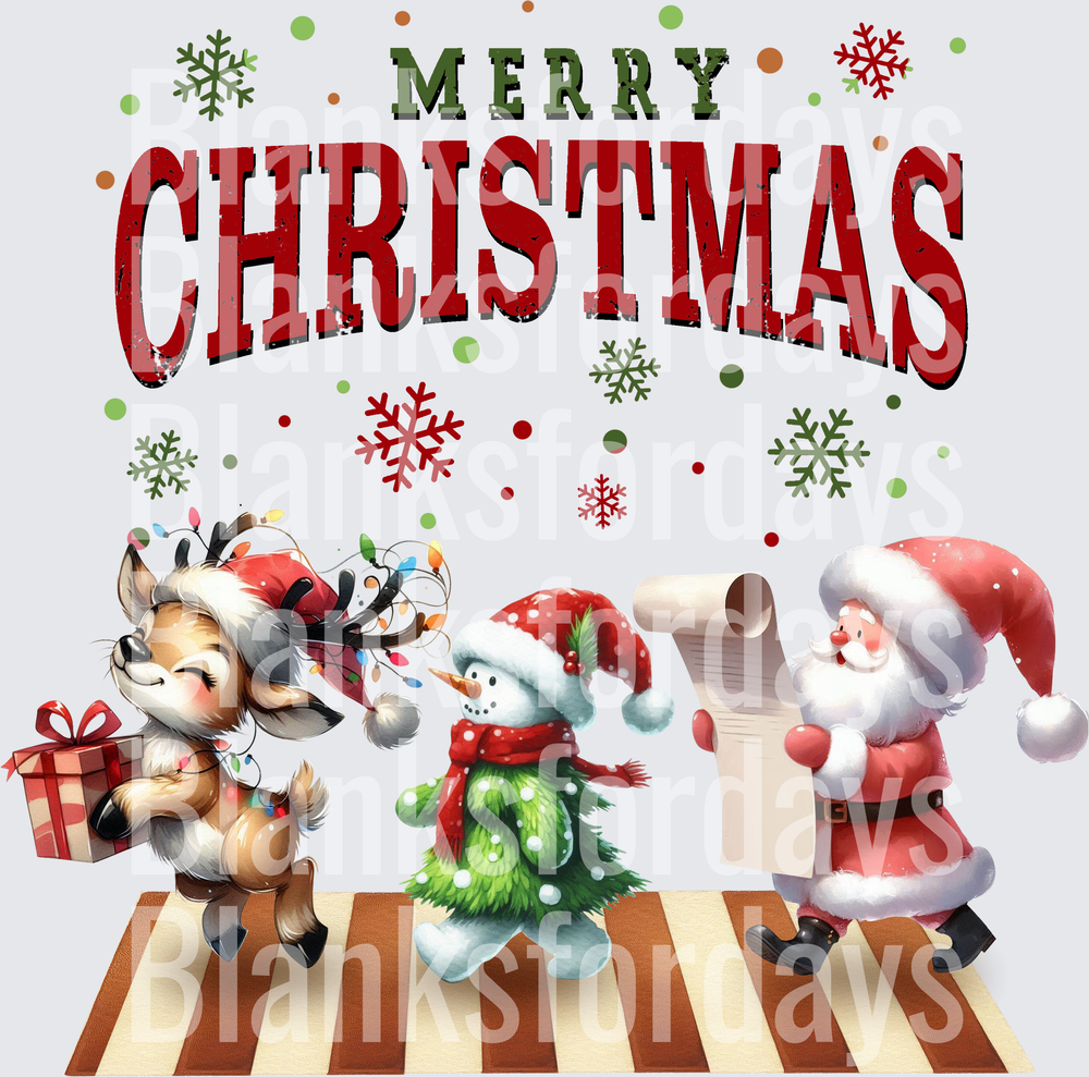 Merry Christmas Santa Reindeer Snowman Holiday Scene (DTF)