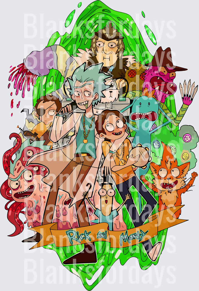 Rick and Morty Character Collage Green Portal Fan Art (DTF)