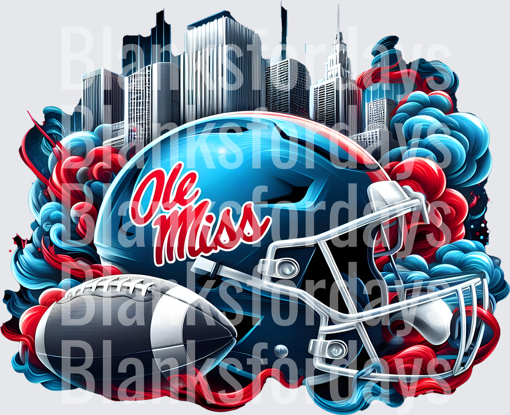 Ole Miss Rebels Football Helmet Skyline Red Blue Smoke (DTF)