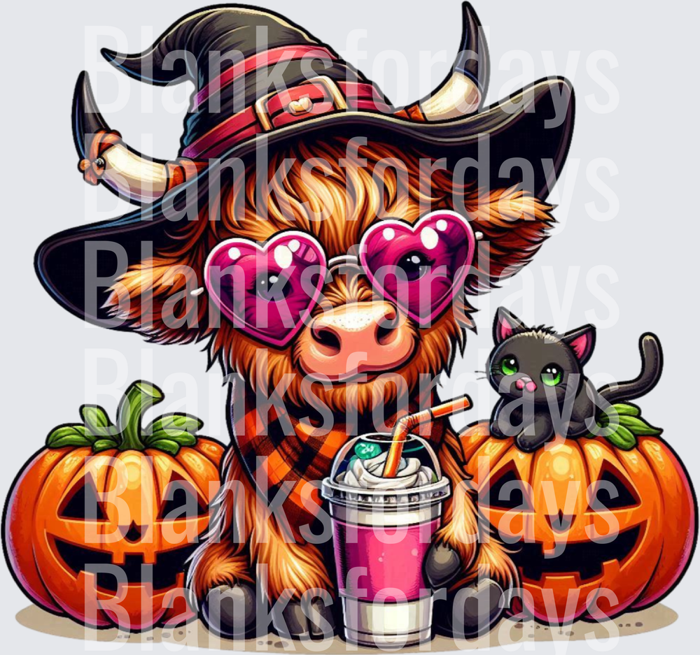Halloween Highland Cow Witch with Jack-o-Lanterns and Black Cat (DTF)