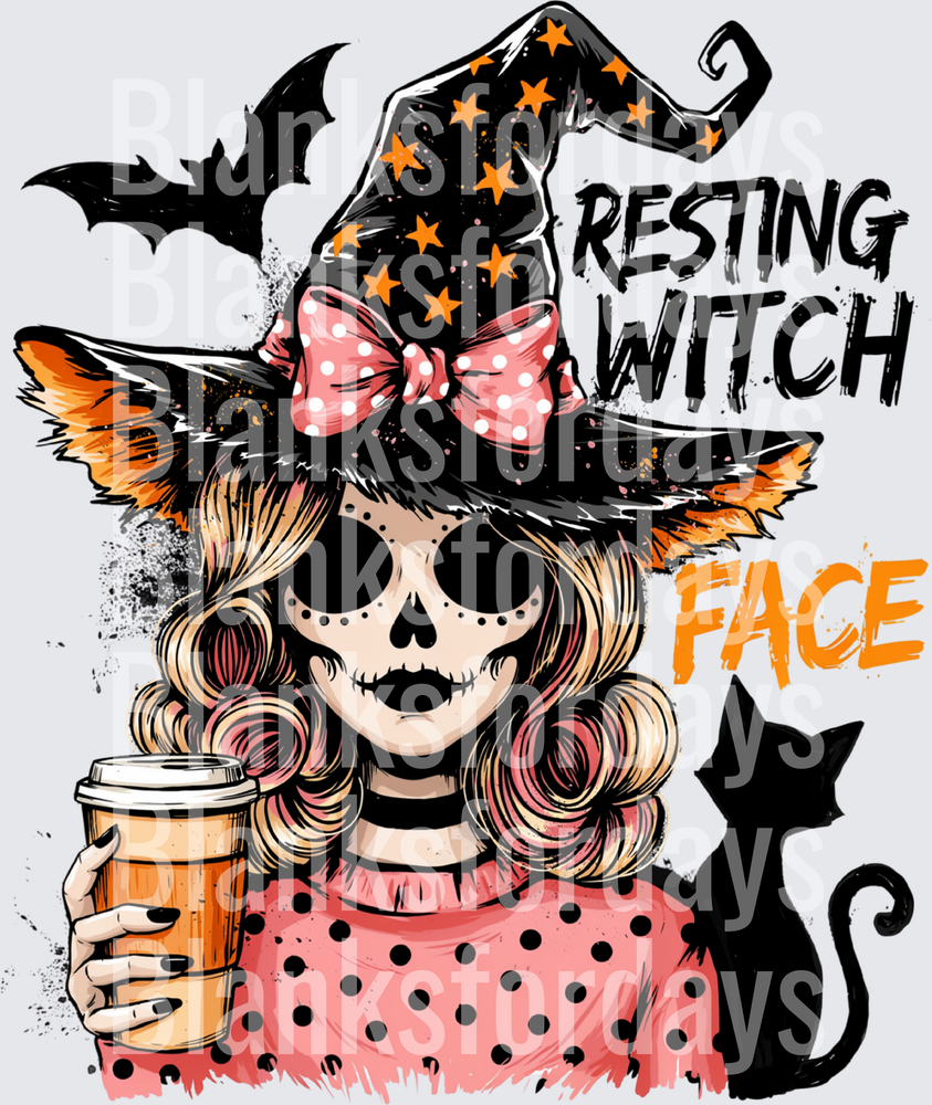 Resting Witch Face Sugar Skull Girl with Coffee and Black Cat (DTF)