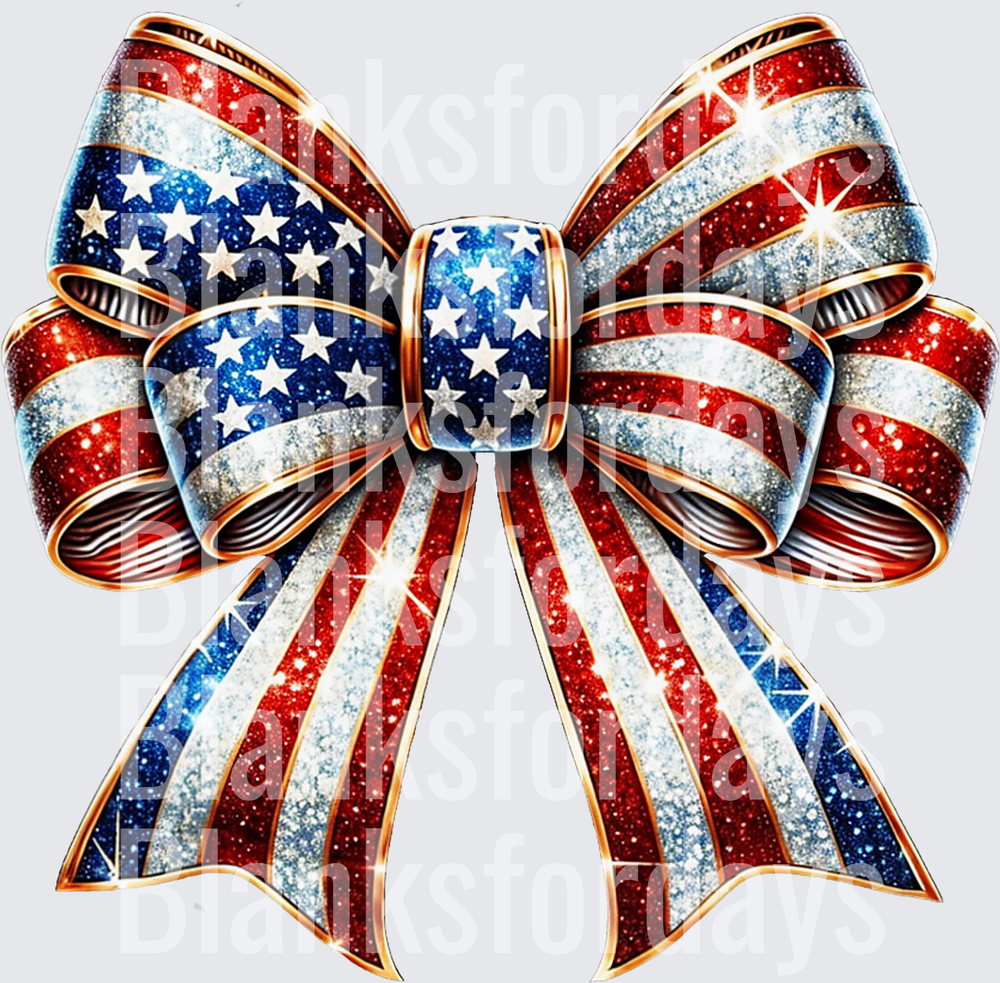Glitter American Flag Patriotic Bow Gold Trim Stars Stripes (DTF)