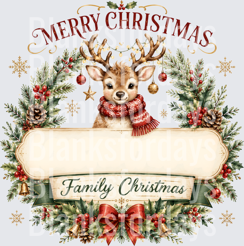 Merry Christmas Family Reindeer Holly Wreath Blank Banner (DTF)