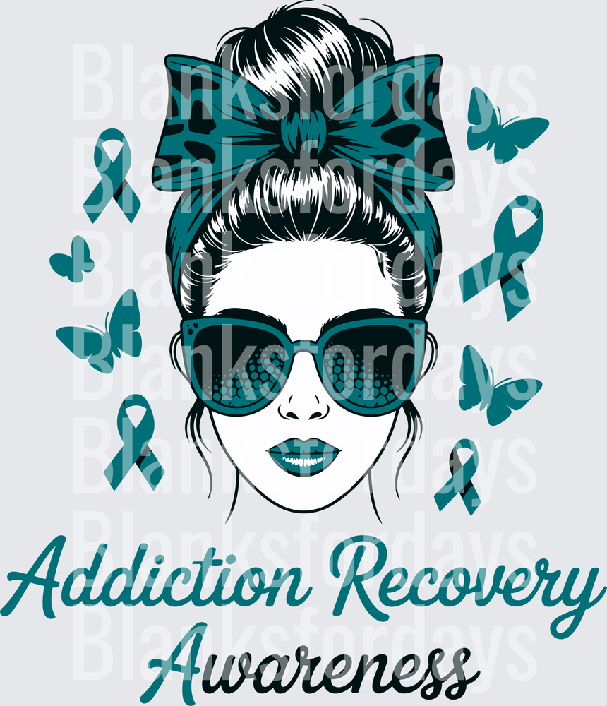 Addiction Recovery Awareness Messy Bun Woman Teal Ribbon (DTF)