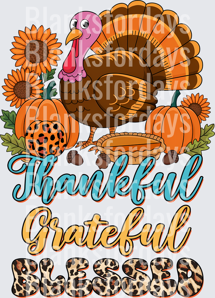 Thankful Grateful Blessed Turkey Sunflower Leopard Print (DTF)