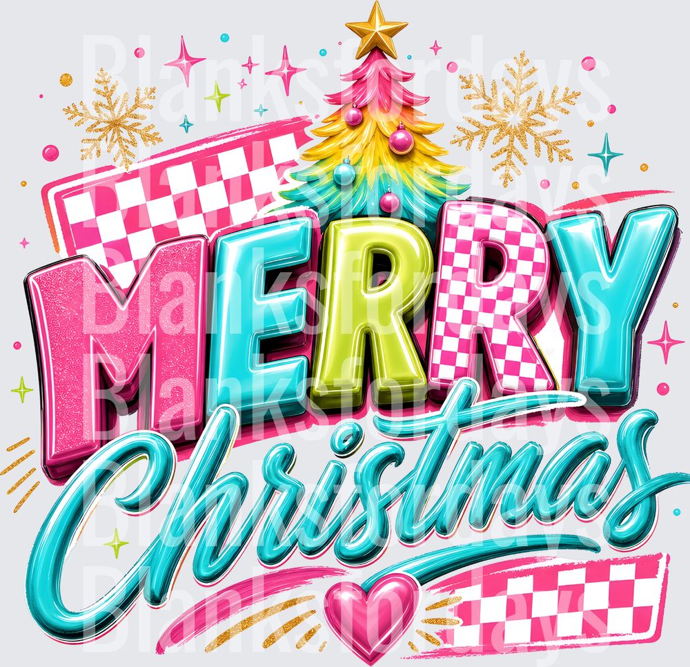 Merry Christmas Bold Retro Pink Checkered Rainbow Tree (DTF)