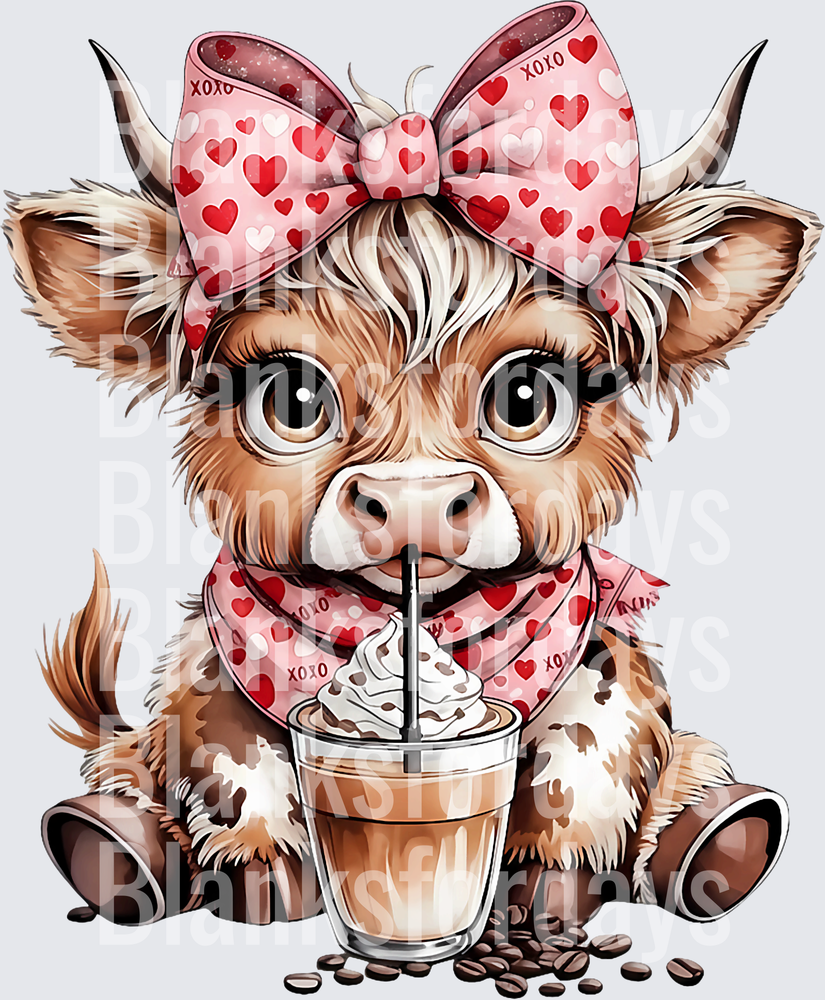 Cute Baby Highland Cow Valentine XOXO Iced Latte Coffee (DTF)