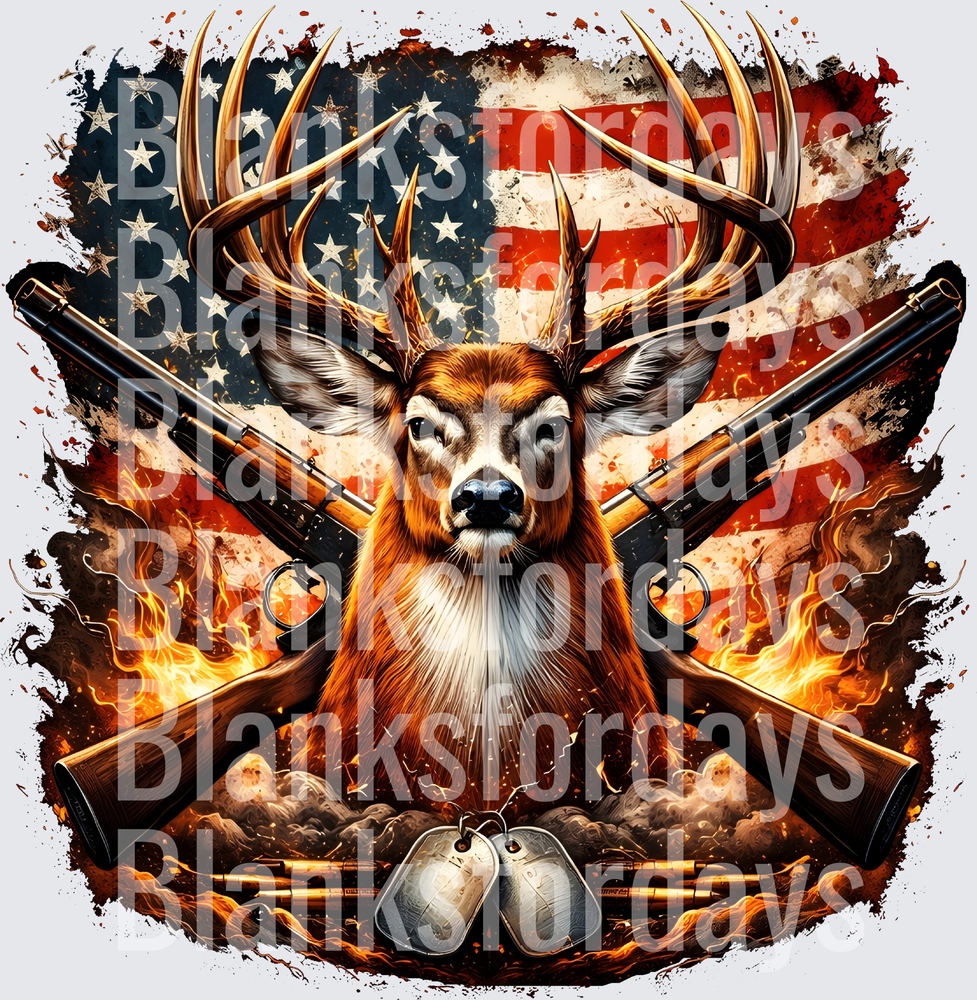 Patriotic Buck Deer Crossed Rifles Flames Dog Tags American Flag (DTF)