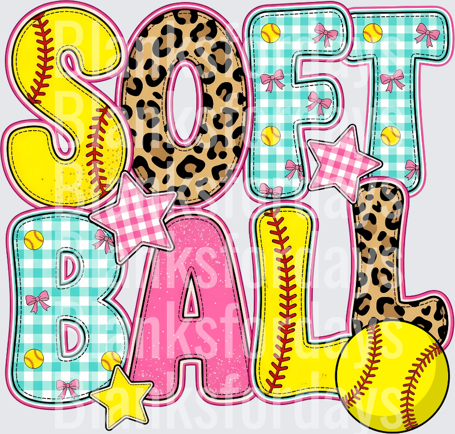 Softball Leopard Plaid Gingham Mixed Pattern Bold Letters (DTF)