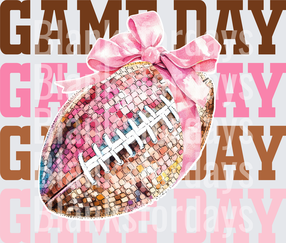Game Day Disco Ball Football Pink Bow Stacked Text (DTF)