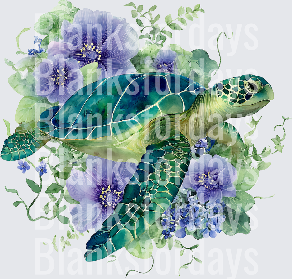 Watercolor Sea Turtle with Purple Floral Botanicals (DTF)