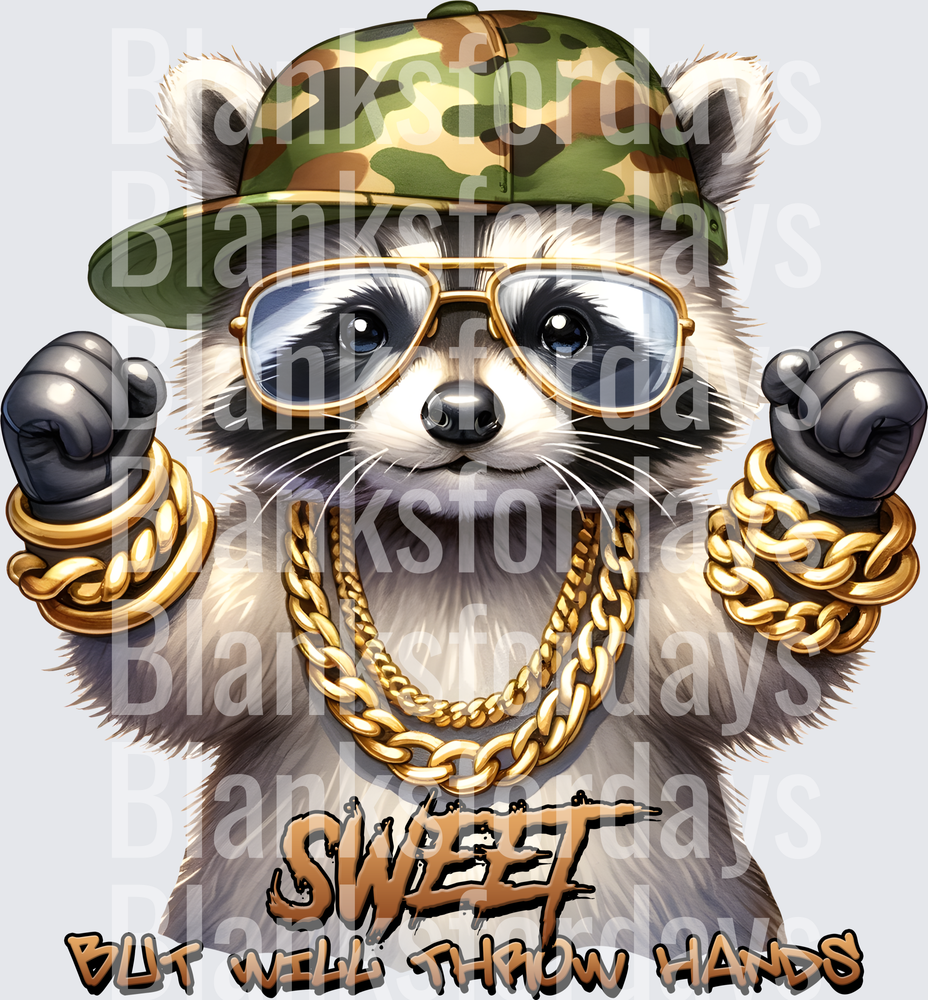 Sweet But Will Throw Hands Gangster Raccoon Gold Chain (DTF)