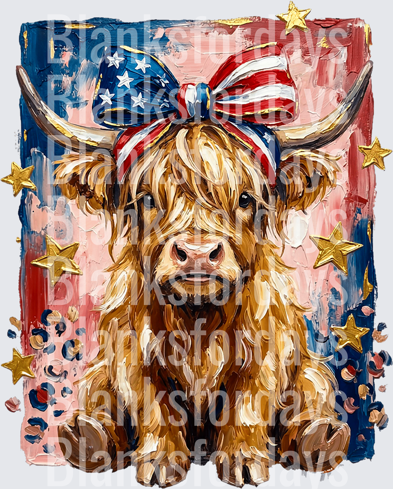 Patriotic Highland Cow American Flag Bow Gold Stars Paint (DTF)