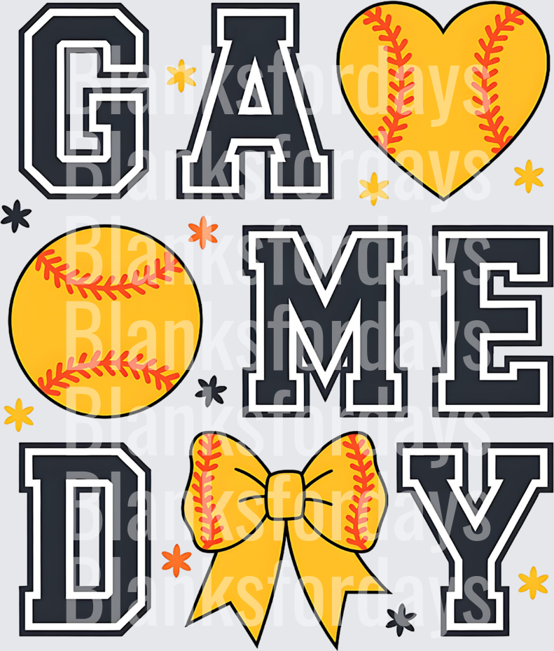 Softball Game Day Varsity Letters Heart Ball Bow Design (DTF)