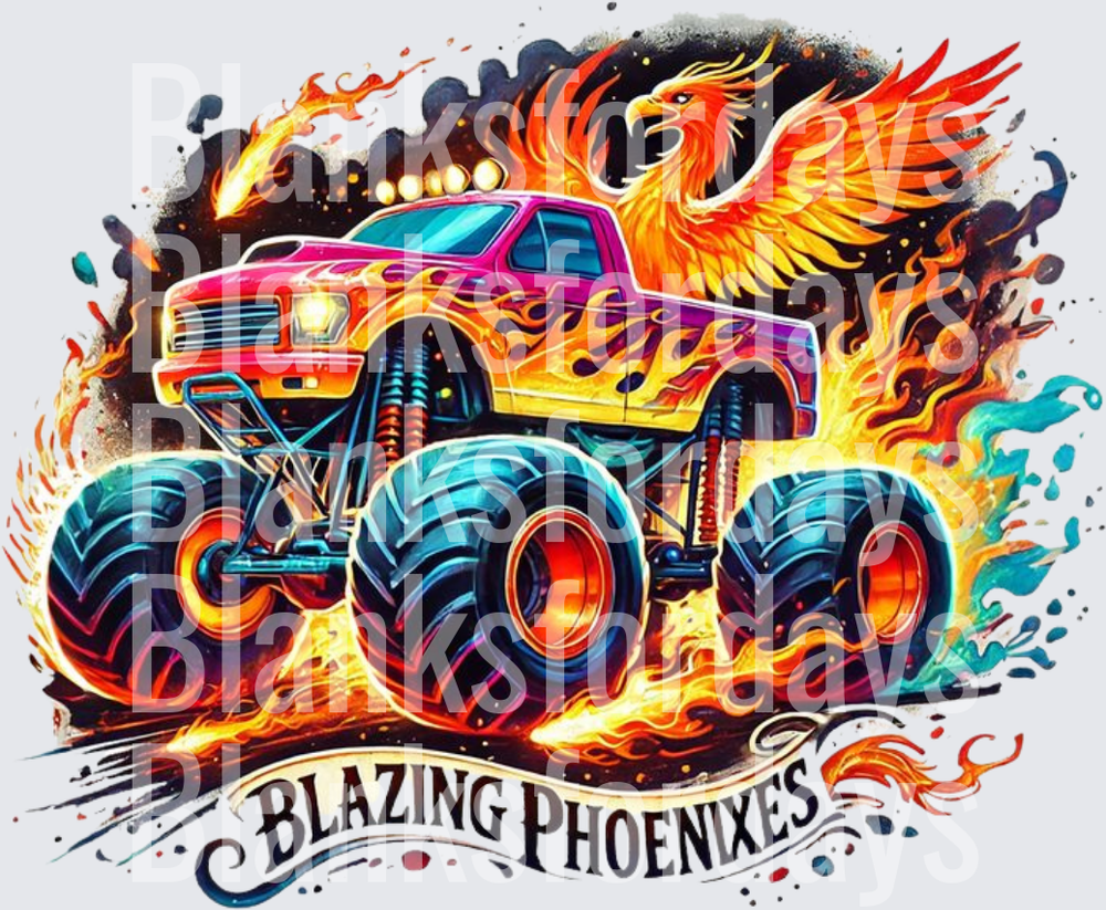 Blazing Phoenixes Monster Truck Fire Wings Colorful Art (DTF)