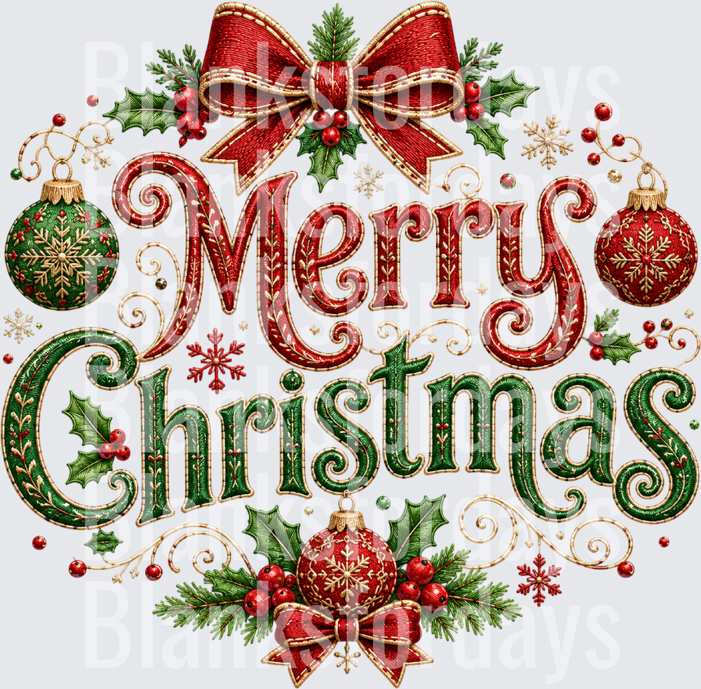 Merry Christmas Embroidered Style Red Green Ornaments Holly Bow (DTF)